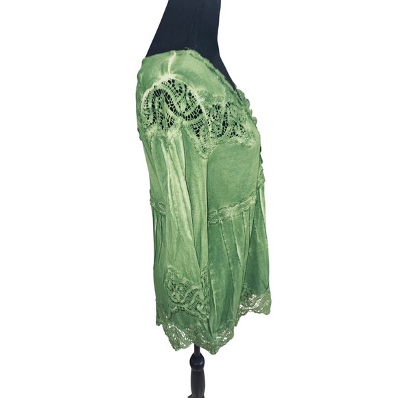 Soft Surroundings Petite S Boho Cottage Core Green Tunic Top Lace Trim V-Neck - Picture 4 of 9